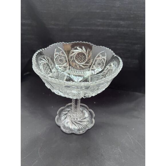 MCKEE Pressed Glass Sunburst Cut Round Pedestal Compote Pinwheel Star Cane - Picture 2 of 8